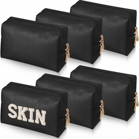 6 Pcs Preppy Patch Makeup Bag PU Leather Cosmetic Bag Waterproof Neat Travel Toiletry Pouch Portable Makeup Bag for Women Friends Cosmetic Organizer Travel Toiletry Pencil Case (Black)