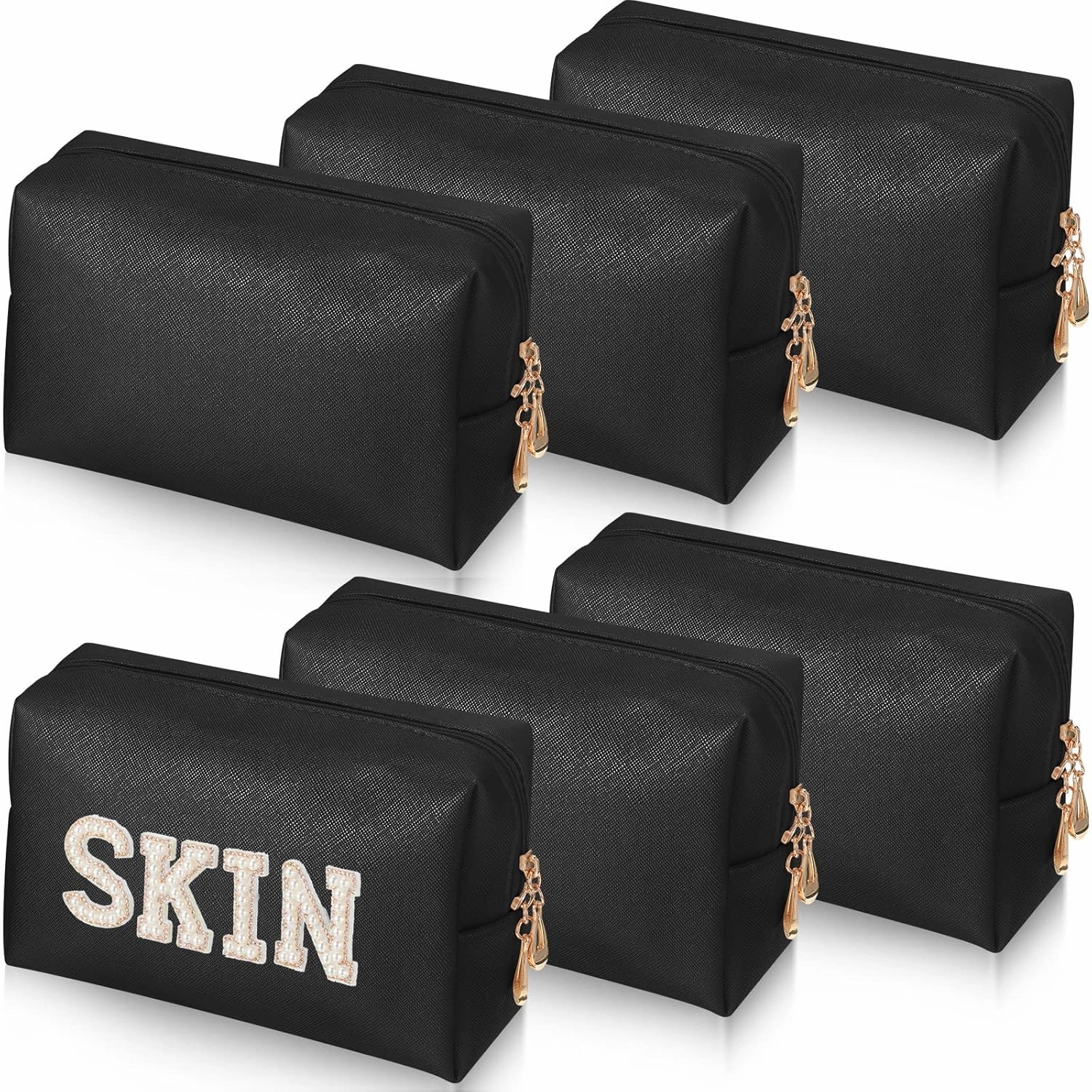 6 Pcs Preppy Patch Makeup Bag PU Leather Cosmetic Bag Waterproof Neat Travel Toiletry Pouch Portable Makeup Bag for Women Friends Cosmetic Organizer Travel Toiletry Pencil Case (Black)