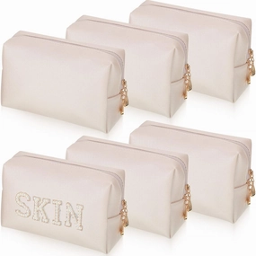 6 Pcs Preppy Patch Makeup Bag PU Leather Cosmetic Bag Waterproof Neat Travel Toiletry Pouch Portable Makeup Bag for Women Friends Cosmetic Organizer Travel Toiletry Pencil Case (White and Gold)