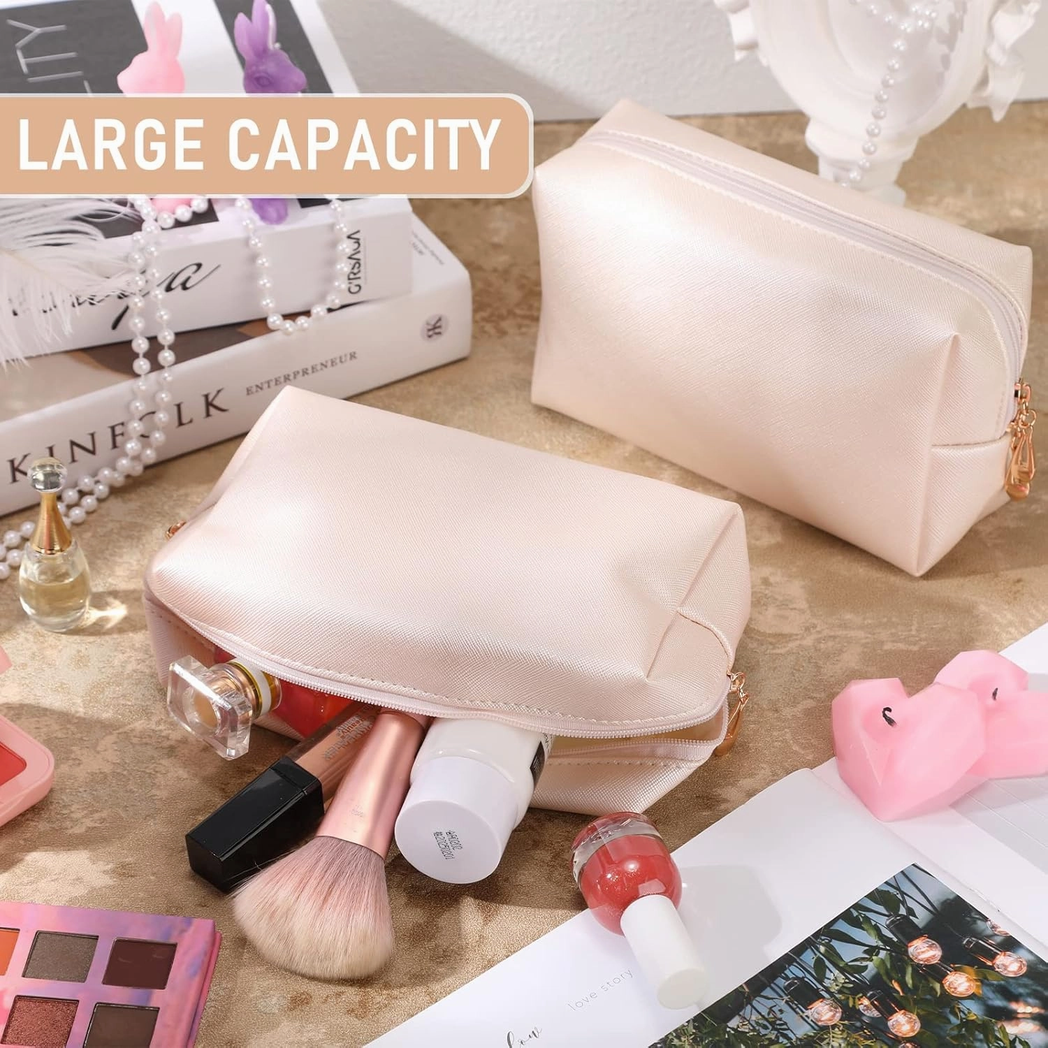 6 Pcs Preppy Patch Makeup Bag PU Leather Cosmetic Bag Waterproof Neat Travel Toiletry Pouch Portable Makeup Bag for Women Friends Cosmetic Organizer Travel Toiletry Pencil Case (White and Gold)