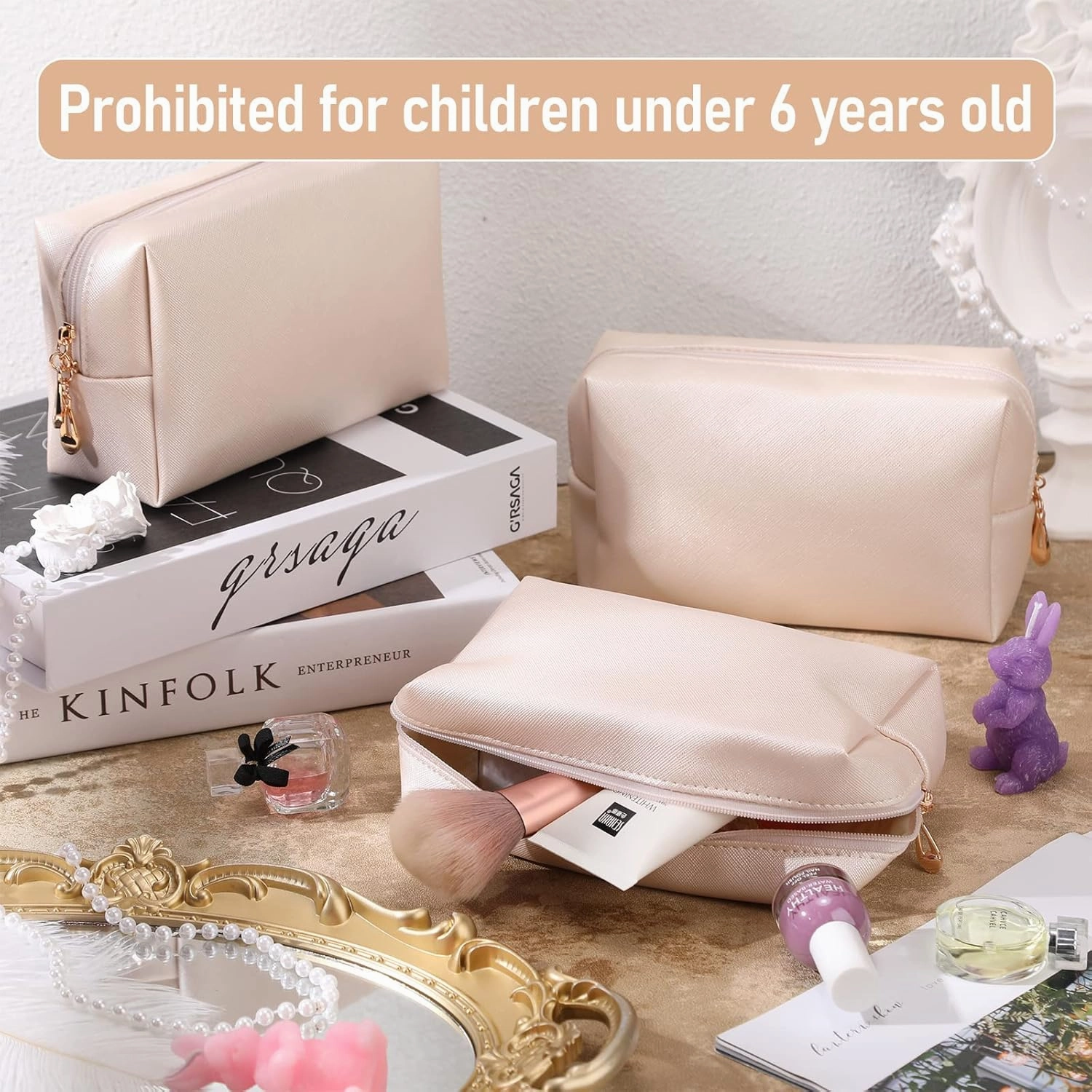6 Pcs Preppy Patch Makeup Bag PU Leather Cosmetic Bag Waterproof Neat Travel Toiletry Pouch Portable Makeup Bag for Women Friends Cosmetic Organizer Travel Toiletry Pencil Case (White and Gold)