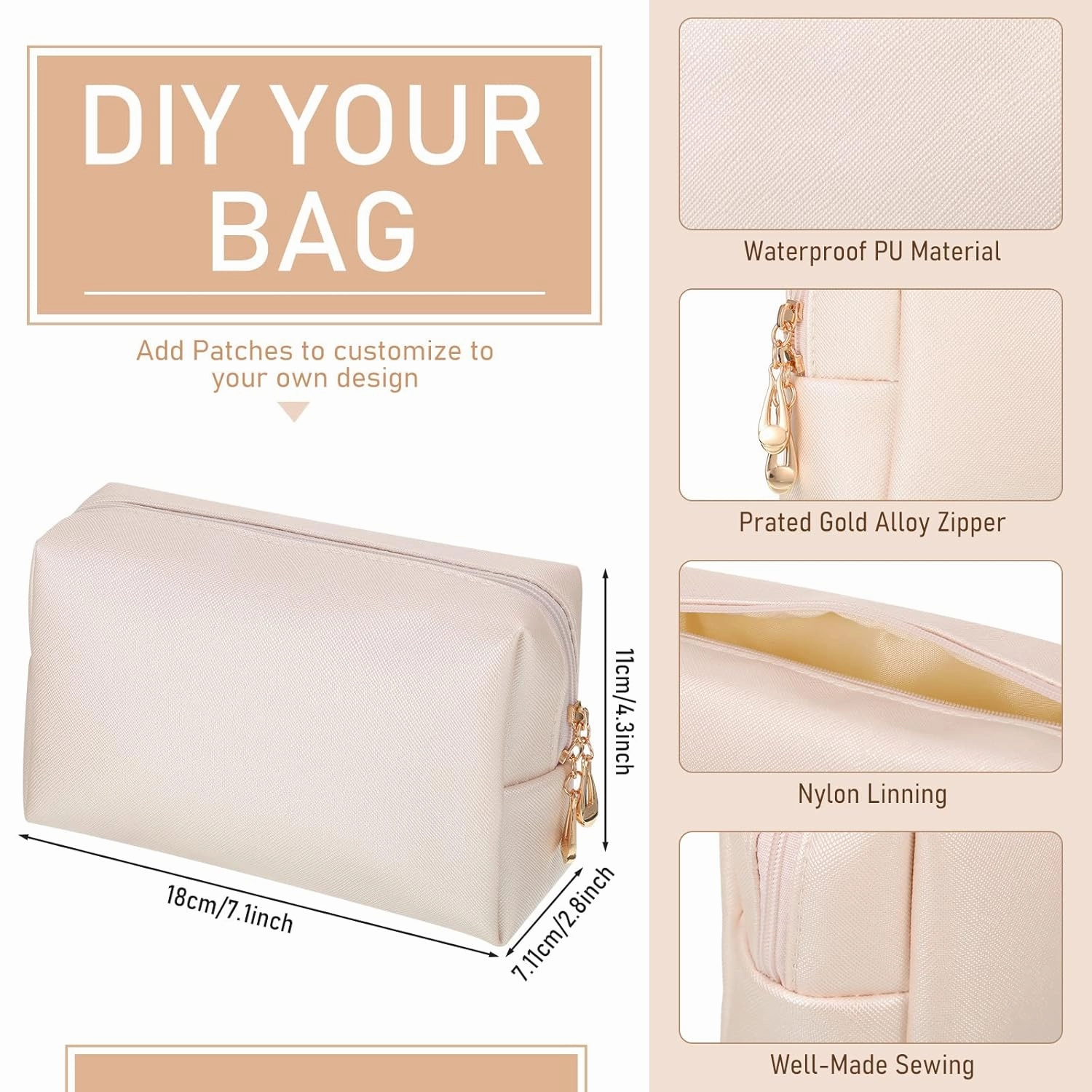 6 Pcs Preppy Patch Makeup Bag PU Leather Cosmetic Bag Waterproof Neat Travel Toiletry Pouch Portable Makeup Bag for Women Friends Cosmetic Organizer Travel Toiletry Pencil Case (White and Gold)