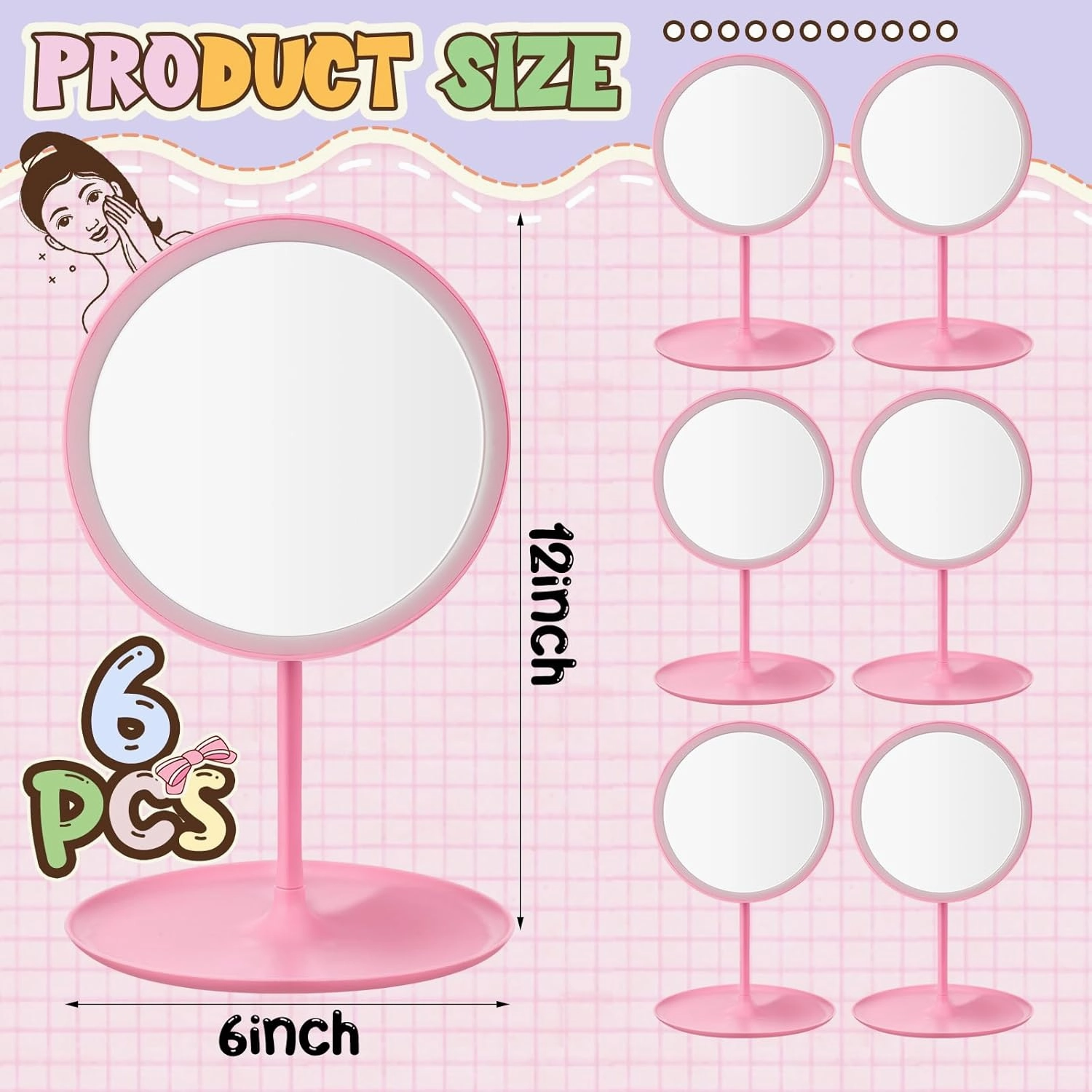 6 Pcs Spa Party Mirror Spa Party Supplies Sleepover Accessory Favors Makeup Mirror for Sleepover Slumber Birthday Favors Gift(Pink)