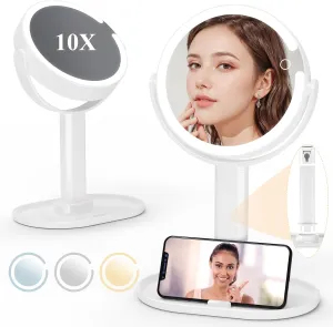 7" Lighted Makeup Mirror with Magnification, 1X/10X Magnifying Mirror with Light, Rechargeable Double Sided LED Vanity Mirror, 360° Rotation Light up Mirrors 3 Colors Brightness Adjustable, White