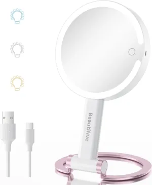 7" Magnifying Mirror with Light, Rechargeable Double-Sided 10X/1X Handheld Mirror with Light, Stepless Dimming Touch 3 in 1 Hand Held Mirrors for Desk Hanging, Pink Detachable Base