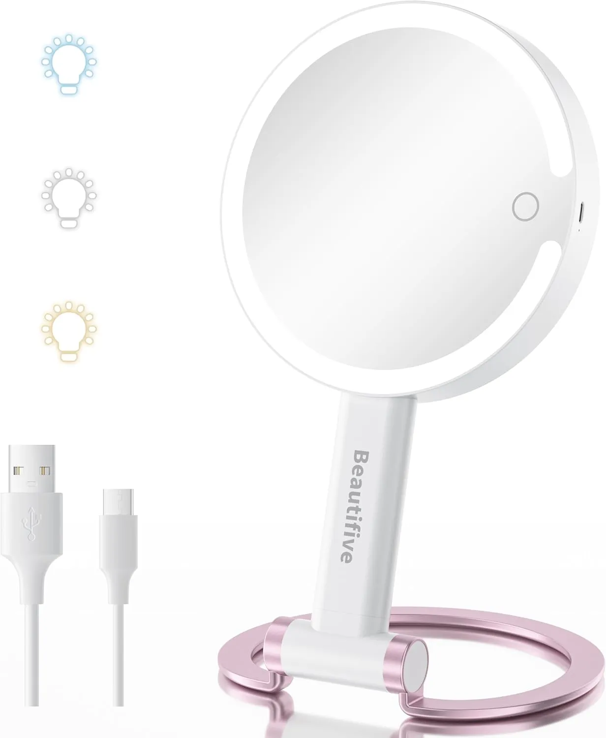 7" Magnifying Mirror with Light, Rechargeable Double-Sided 10X/1X Handheld Mirror with Light, Stepless Dimming Touch 3 in 1 Hand Held Mirrors for Desk Hanging, Pink Detachable Base
