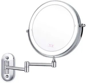 8-inch Bathroom Shaving Mirror Wall Mounted Makeup Mirror Two-Sided 5X Magnification LED Touch Dimming 360° Swivel Extending Folding Powered by 4 x AAA Batteries