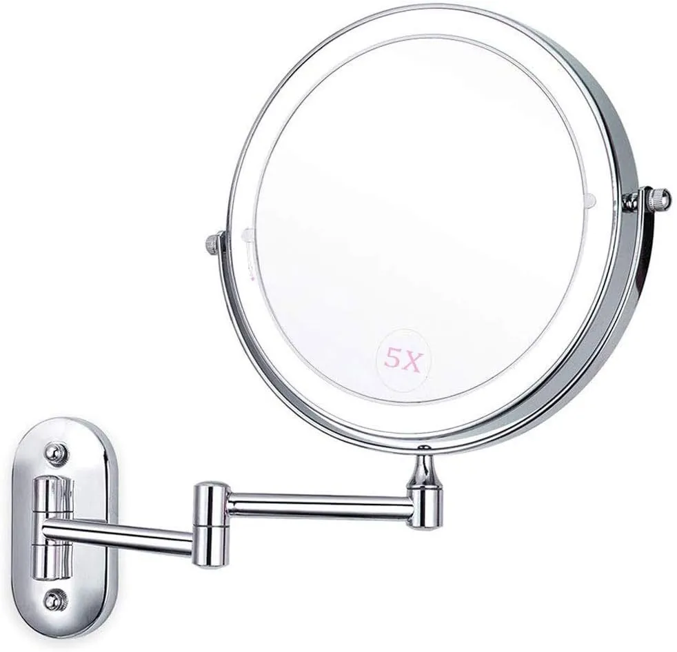 8-inch Bathroom Shaving Mirror Wall Mounted Makeup Mirror Two-Sided 5X Magnification LED Touch Dimming 360° Swivel Extending Folding Powered by 4 x AAA Batteries