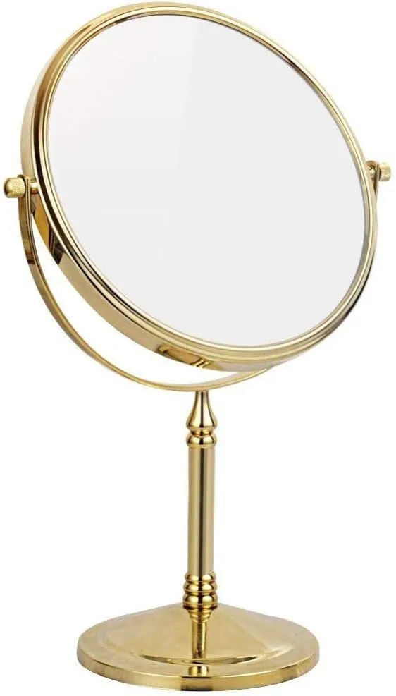 8 Inch Double Sided Standing Makeup Mirrors, Magnification & Regular Professional 360° Rotating Brass Vanity Cosmetic Mirrors,Gold,5X