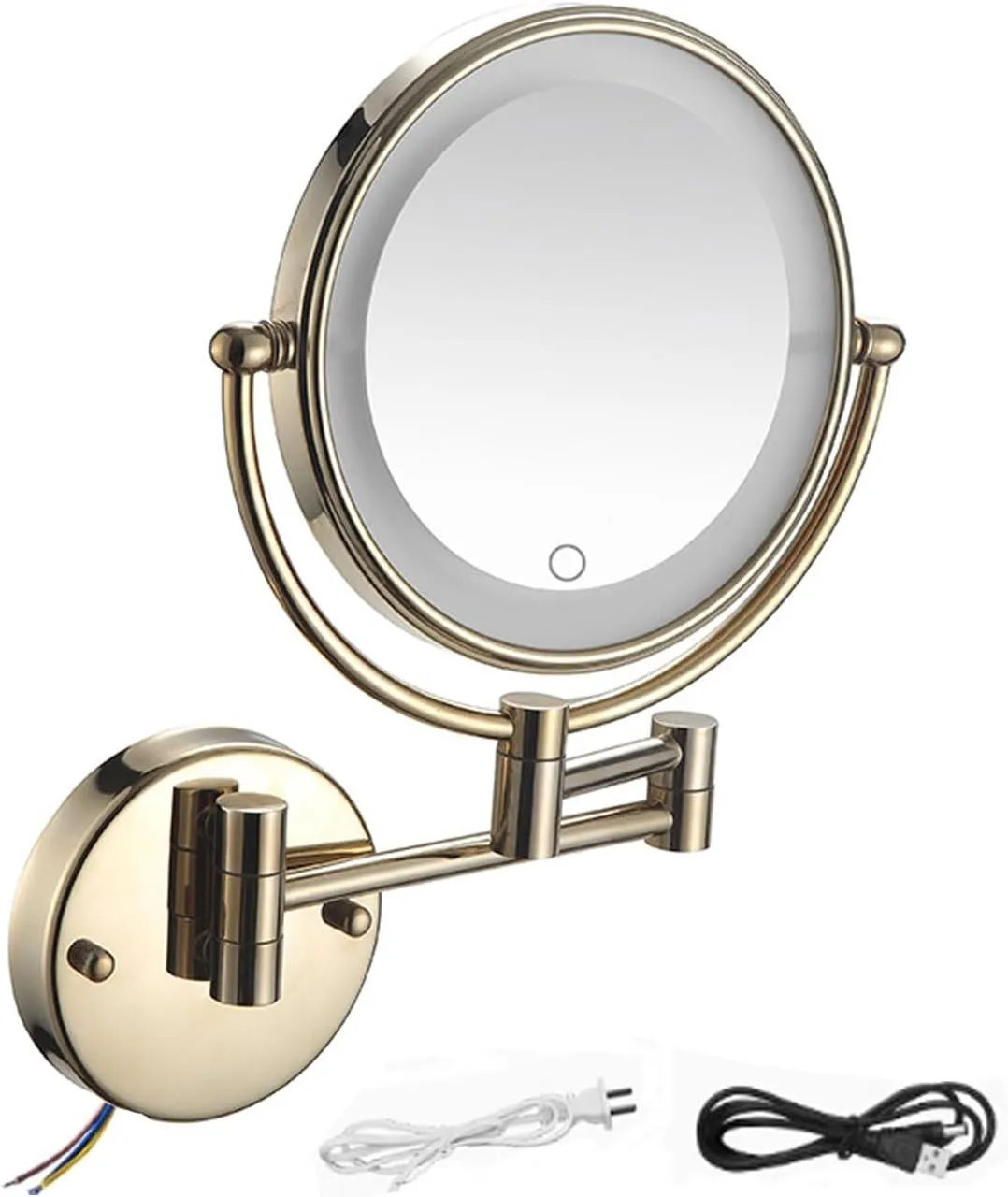 8 Inch Magnifying Mirror with Lights, Wall Mounted Makeup Mirror, Dual-Sided 1X & 3X/5X/7X/10X, LED Lighting, for Bathroom & Vanity Gold,USB 3X