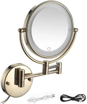 8 Inch Magnifying Mirror with Lights, Wall Mounted Makeup Mirror, Dual-Sided 1X & 3X/5X/7X/10X, LED Lighting, for Bathroom & Vanity Gold,USB 3X