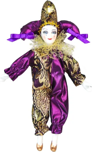 8 Inch Porcelain Clown Doll, Harlequin and Jester Costume Colorful Theme, Harlequin Clown Doll with Porcelain Head and Limbs for Christmas Home Decoration and Creative Gift Collection