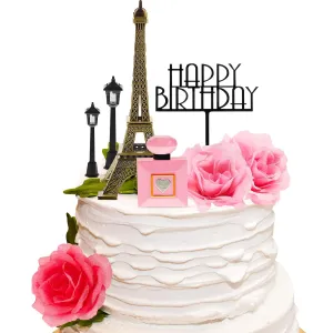 8 Pcs Paris Cake Topper Eiffel Tower Cake Topper with Happy Birthday Street Lamp Rose 7 Inch Eiffel Tower Party Decoration for Birthday Celebration Gift(Morden Color)