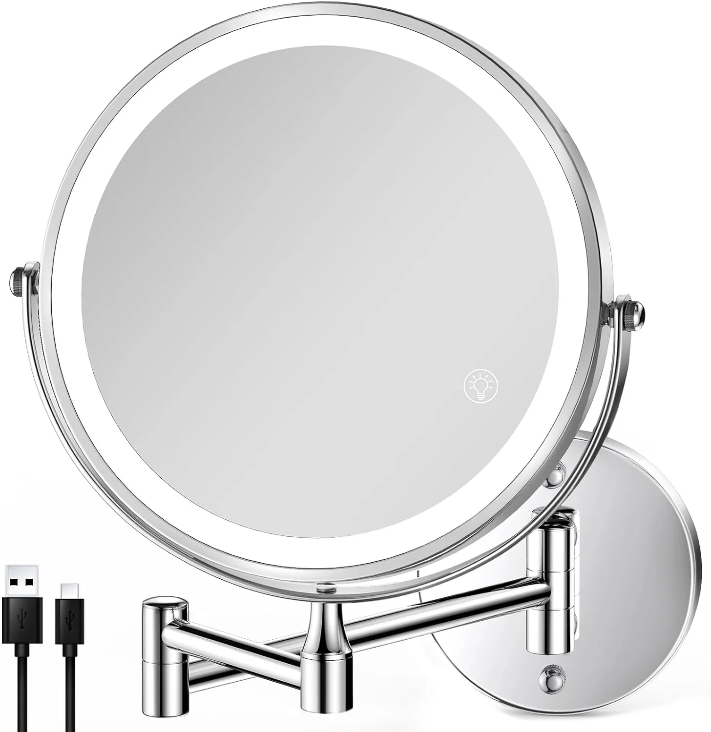 8.5 Inch Rechargeable Wall Mounted Lighted Makeup Mirror, Double-Sided 1X/10X LED Magnifying Vanity Mirror with Lights, 3 Color Lights Touch Screen Dimmable 360°Swivel 18 Inch Extendable - Chrome