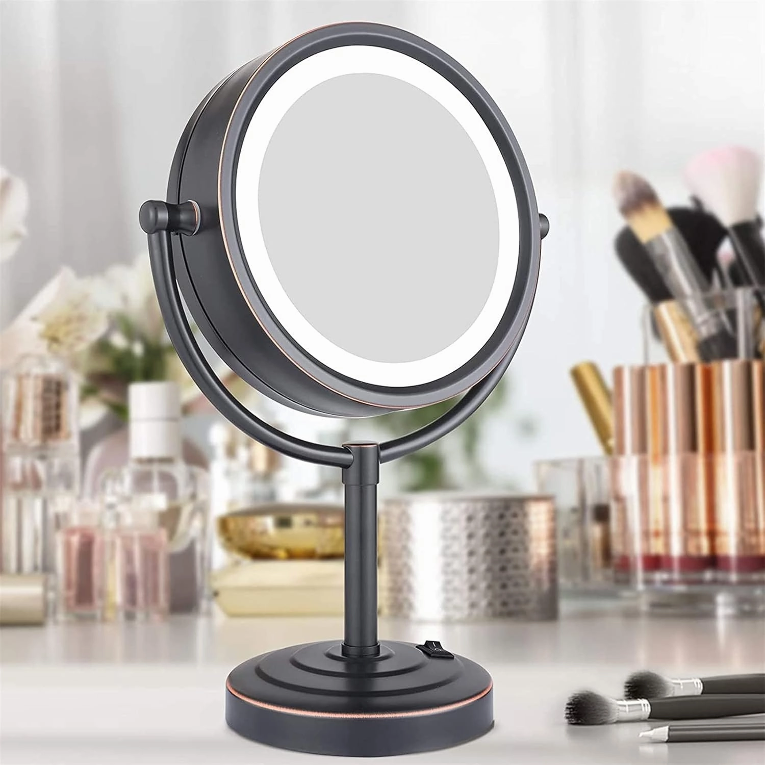 8.5 Inch Tabletop LED Lighted Makeup Mirror with Magnification, Oil Rubbed Black Double Sided Desk Vanity Mirror, Plug Powered,10x(5X)