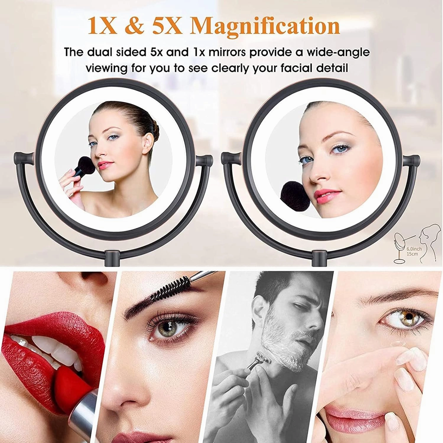 8.5 Inch Tabletop LED Lighted Makeup Mirror with Magnification, Oil Rubbed Black Double Sided Desk Vanity Mirror, Plug Powered,10x(5X)
