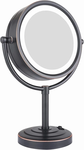 8.5 Inch Tabletop LED Lighted Makeup Mirror with Magnification, Oil Rubbed Black Double Sided Desk Vanity Mirror, Plug Powered,10x(5X)