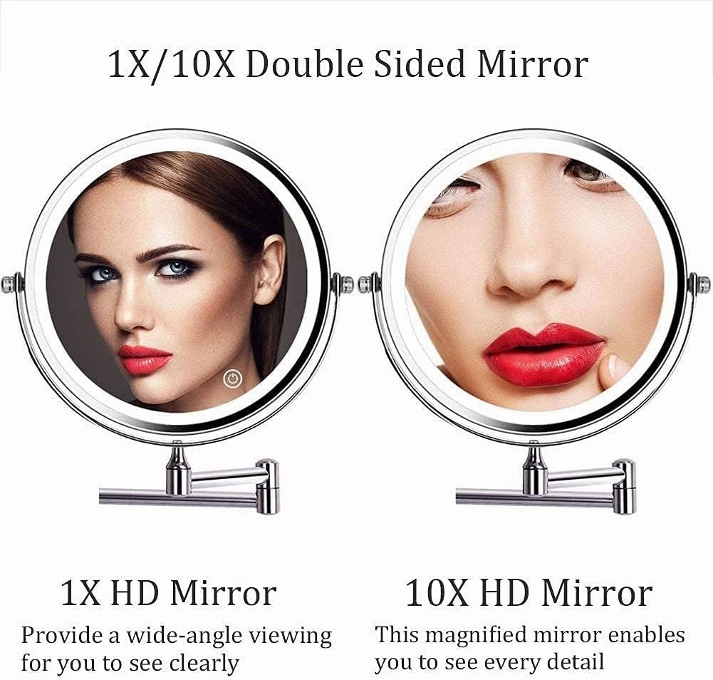 8'' Wall Mounted Makeup Mirror Black USB Rechargeable Double Sided with 3 Tones Led Lights, 1X/10X Magnifying Bathroom Mirror for Shaving Extendable Arm Touch Control1X/10X, Makeup and Shavi ( Size :
