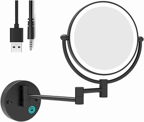 8 inch Bathroom Mirror Wall Mounted Black,USB Rechargeable Makeup Mirror Two Sided 1X/10X Magnifying Adjustable Led Light Touch Screen Shaving Mirror 360°Swivel Vanity Mirror