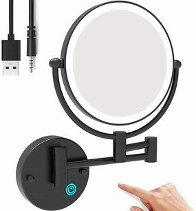 8 Inch Bathroom Mirror Wall Mounted Black USB Rechargeable Makeup Mirror Two Sided 1X/ Magnifying Adjustable LED Light Touch Screen Shaving Mirror 360° Swivel Vanity Mirror