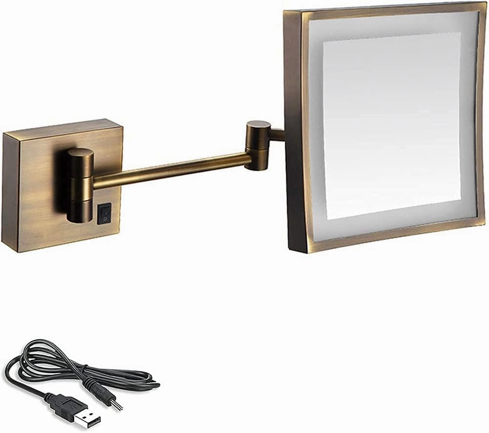 8 inch Bathroom Mirror Wall Mounted,USB Rechargeable Makeup Mirror 3X Magnification Shaving Mirror 180 Swivel Vanity Mirror Led Lighted Wall Mounted Mirrors Square Cosmetic Mirror