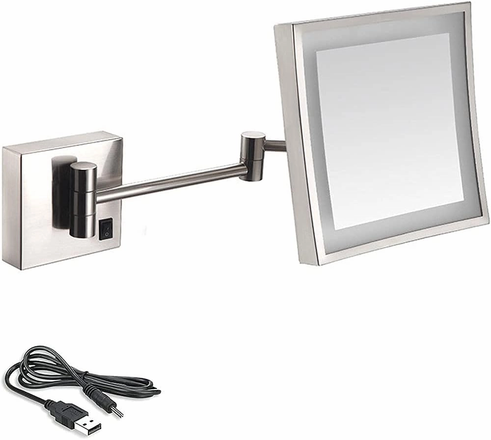 8 inch Bathroom Mirror Wall Mounted,USB Rechargeable Makeup Mirror 3X Magnification Shaving Mirror 180 Swivel Vanity Mirror Led Lighted Wall Mounted Mirrors Square Cosmetic Mirror (Ar