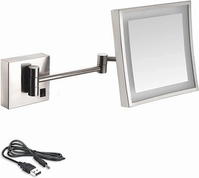8 inch Bathroom Mirror Wall Mounted,USB Rechargeable Makeup Mirror 3X Magnification Shaving Mirror 180 Swivel Vanity Mirror Led Lighted Wall Mounted Mirrors Square Cosmetic Mirror (Ar