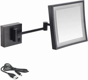 8 Inch Bathroom Mirror Wall Mounted, USB Rechargeable Makeup Mirror 3X Magnification Shaving Mirror 180° Swivel Vanity Mirror LED Lighted Wall Mounted Mirrors Square Cosmetic Mirror