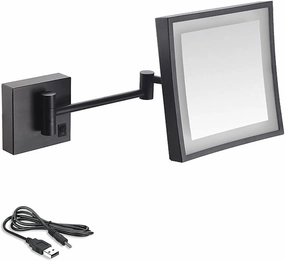8 Inch Bathroom Mirror Wall Mounted, USB Rechargeable Makeup Mirror 3X Magnification Shaving Mirror 180° Swivel Vanity Mirror LED Lighted Wall Mounted Mirrors Square Cosmetic Mirror