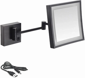 8 Inch Bathroom Mirror Wall Mounted,USB rgeable Makeup Mirror 3X Magnification Shaving Mirror 180°Swivel Vanity Mirror LED Lighted Wall Mounted Mirrors Square Cosmetic Mirror(Matte Black)