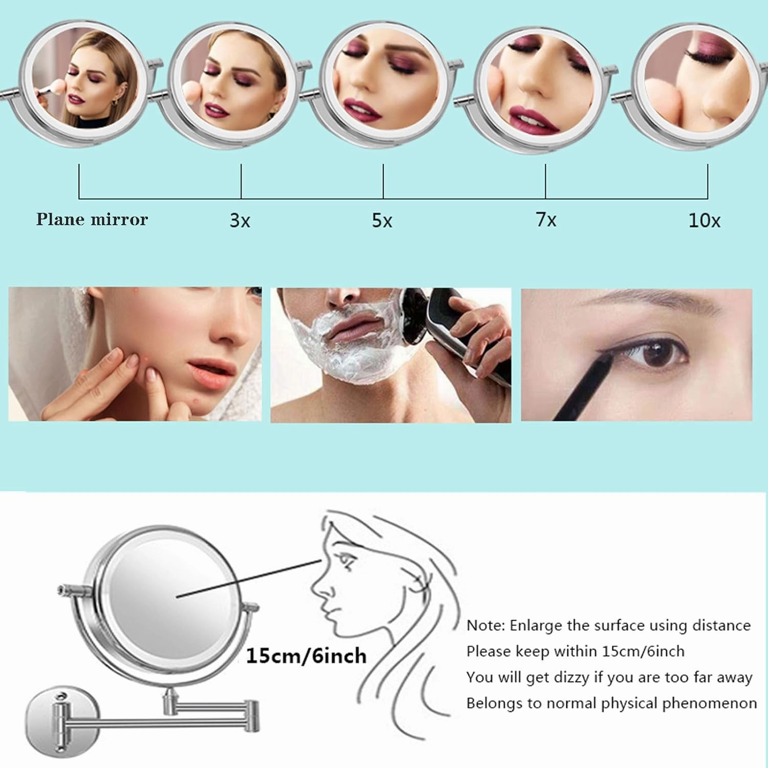 8-inch Foldable Makeup Mirror,360-degree Rotating Shaving Mirror, with LED Wall-Mounted Double-Sided Magnifying,Bathroom Vanity Mirror,Cosmetic Mirror