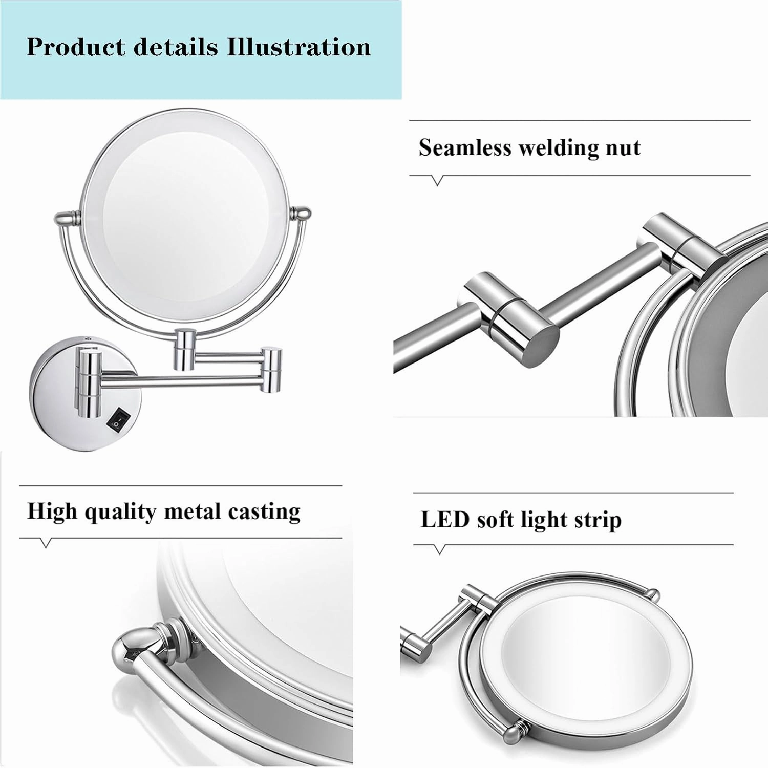 8-inch Foldable Makeup Mirror,360-degree Rotating Shaving Mirror, with LED Wall-Mounted Double-Sided Magnifying,Bathroom Vanity Mirror,Cosmetic Mirror