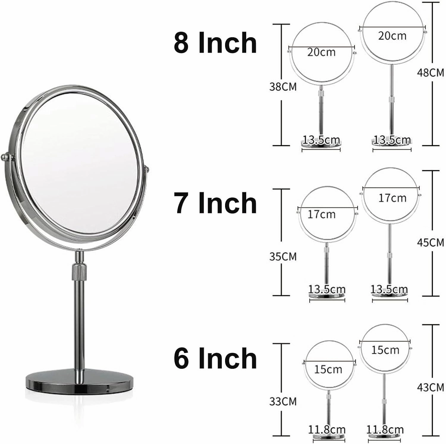 8 Inch Tabletop Rotation Makeup Mirror, Double Side Magnification Cosmetic Mirror, Removable Standing HD Shaving Mirror, Liftable Beauty Mirror for Countertop,Silver,5X