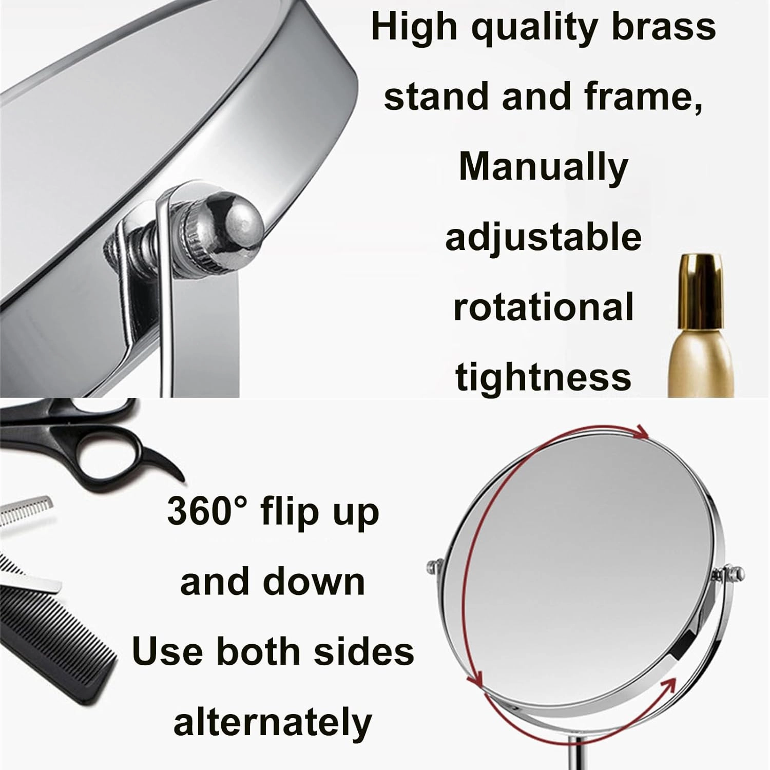 8 Inch Tabletop Rotation Makeup Mirror, Double Side Magnification Cosmetic Mirror, Removable Standing HD Shaving Mirror, Liftable Beauty Mirror for Countertop,Silver,5X