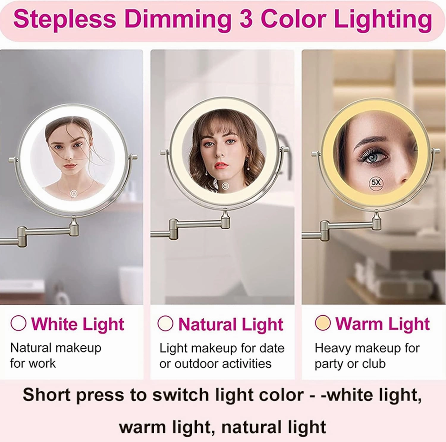 8 Inch Wall Mounted LED Makeup Mirror with Screen Touch 3 Color Lights Dimming, 2 Sided 1X/10X Magnifying HD Shaving Mirror,Gun Gray,Plug in
