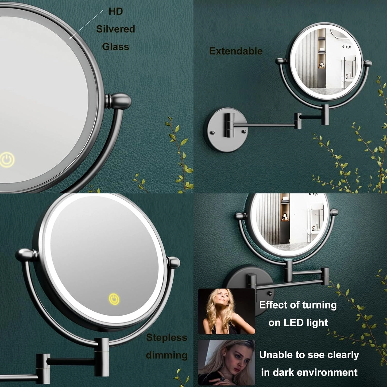 8 Inch Wall Mounted LED Makeup Mirror with Screen Touch 3 Color Lights Dimming, 2 Sided 1X/10X Magnifying HD Shaving Mirror,Gun Gray,Plug in