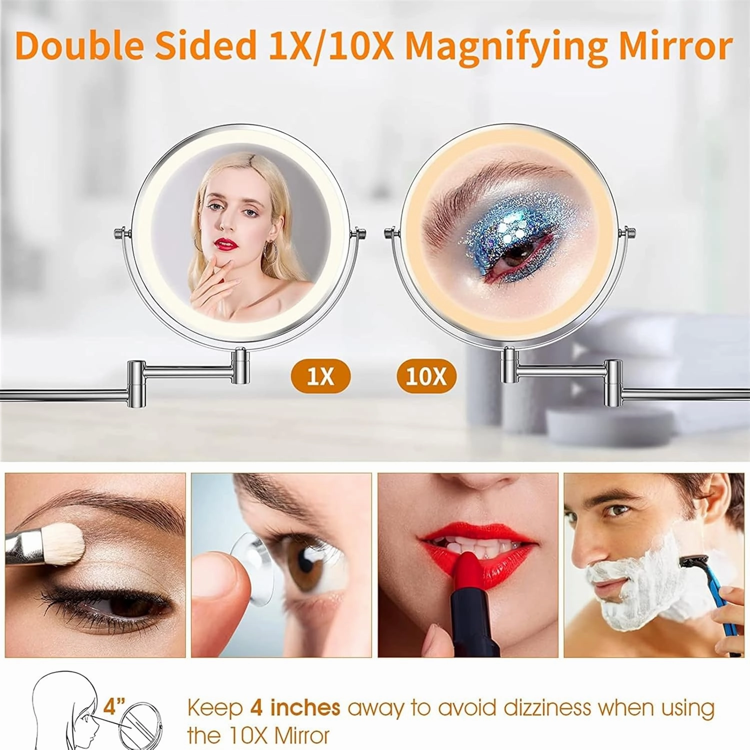 8 Inch Wall Mounted LED Makeup Mirror with Screen Touch 3 Color Lights Dimming, 2 Sided 1X/10X Magnifying HD Shaving Mirror,Gun Gray,Plug in