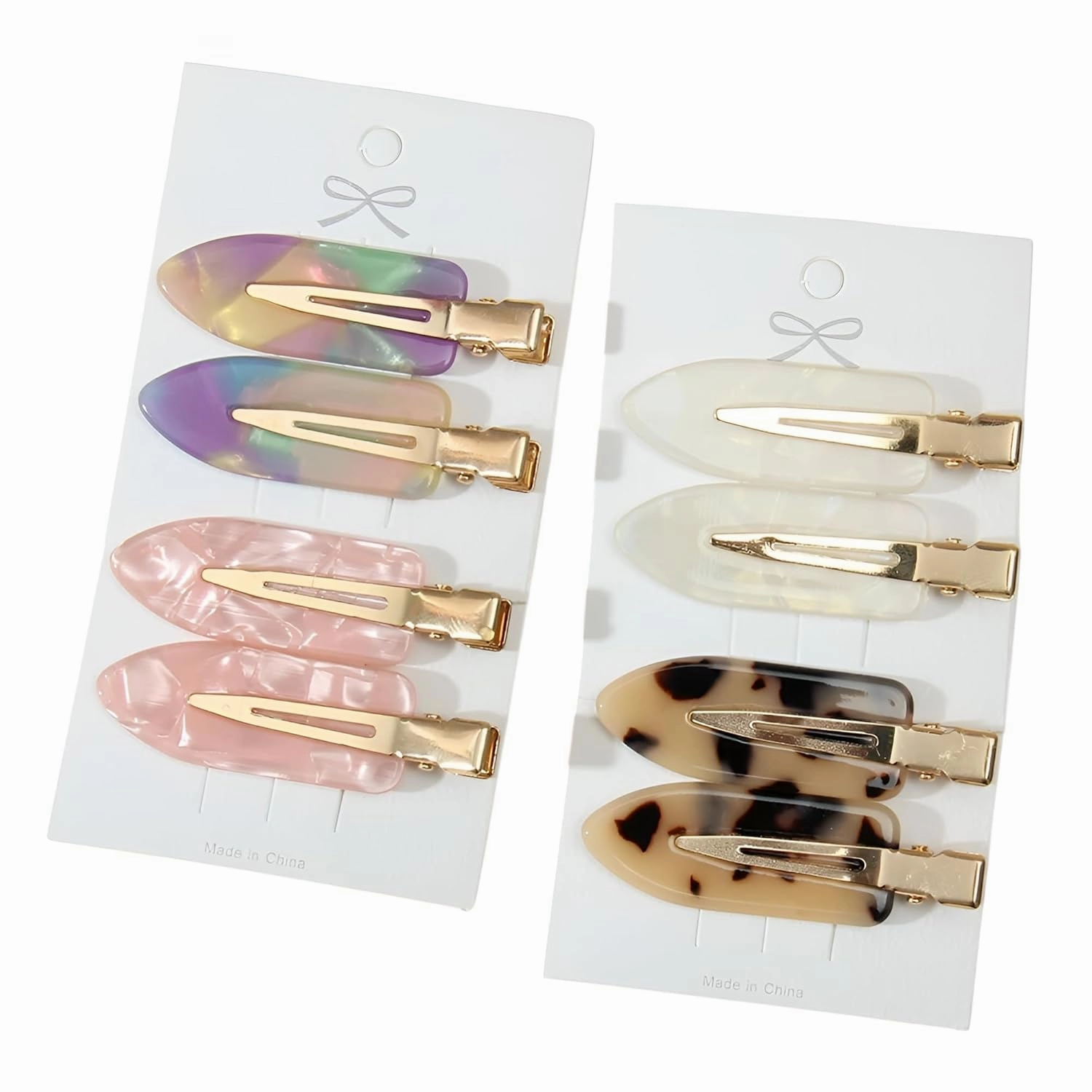 8-Piece No Crease Hair Clips Set, Geometric Acetate Barrettes, 2.56 Inch Gold-Tone Clips in Iridescent Rainbow, Pearl Pink, White Pearl, Tortoise Shell Patterns (30, 8 Pieces)