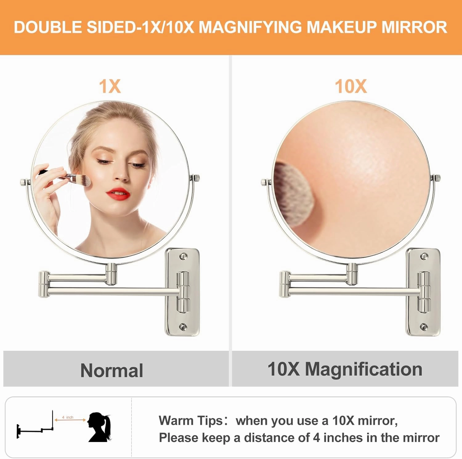 8" Wall Mount Magnifying Mirror, 1X/10X Double-Sided Makeup Mirror Wall Mounted with Extendable Folding Arm, 360° Rotation, Brushed Nickel, Perfect for Shaving & Makeup in Bathroom (No Light)