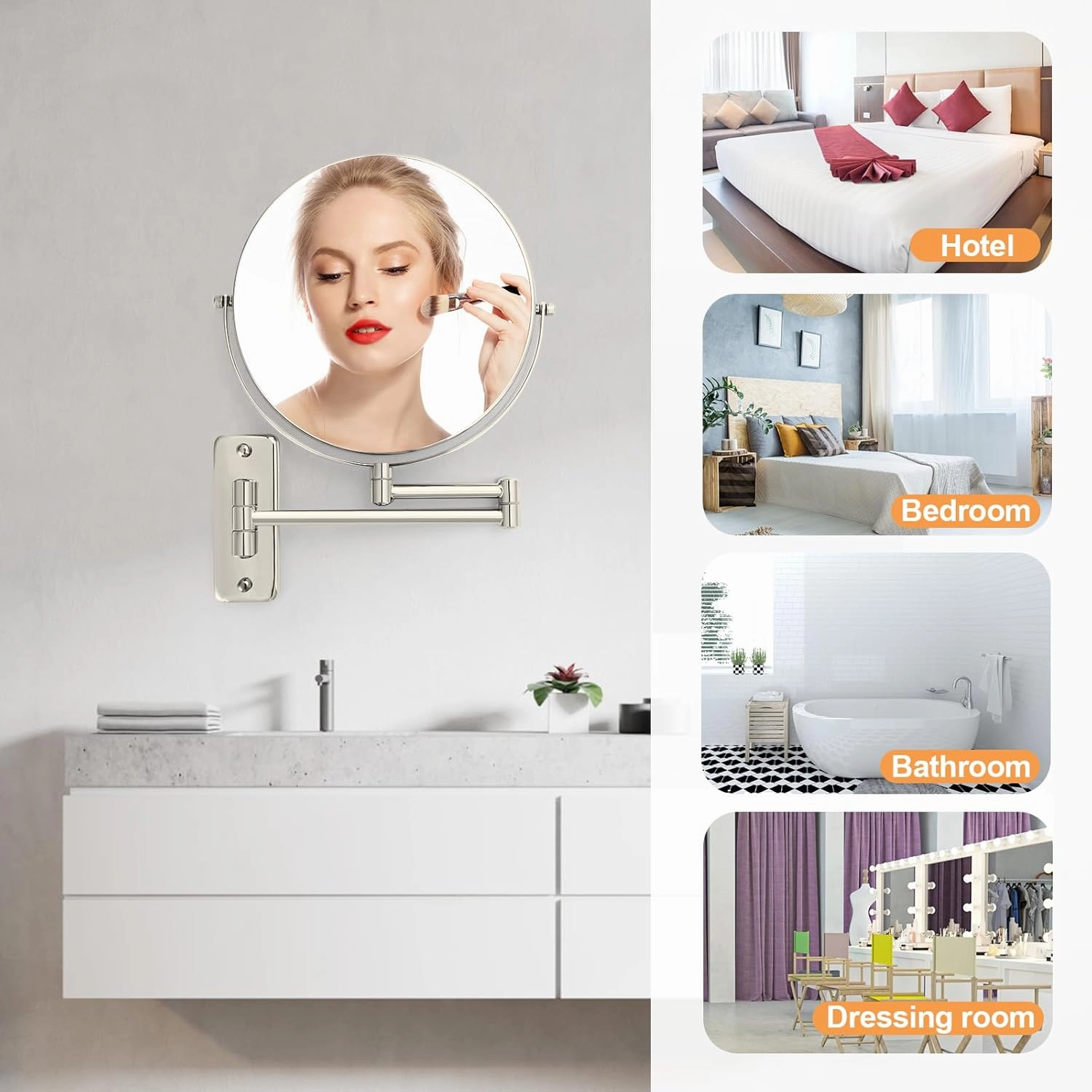 8" Wall Mount Magnifying Mirror, 1X/10X Double-Sided Makeup Mirror Wall Mounted with Extendable Folding Arm, 360° Rotation, Brushed Nickel, Perfect for Shaving & Makeup in Bathroom (No Light)