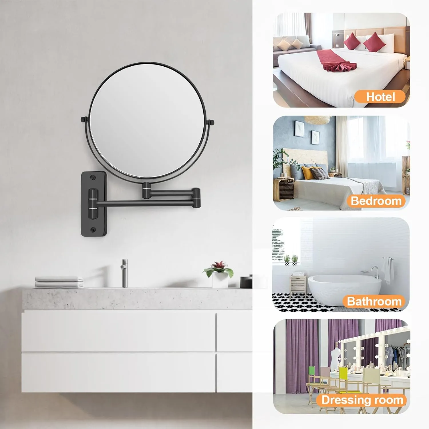 8" Wall Mounted Magnifying Makeup Mirror, 1X/10X Double-Sided Shaving Mirror, 360° Swivel Mirror Wall Mount, Extendable Vanity Mirror for Bathroom with Extension Arm, Black-No Light
