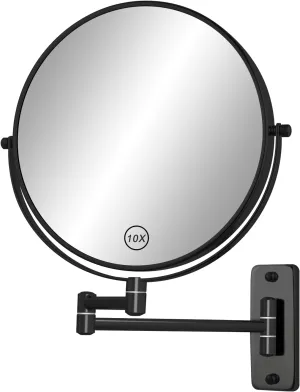 8" Wall Mounted Magnifying Makeup Mirror, 1X/10X Double-Sided Shaving Mirror, 360° Swivel Mirror Wall Mount, Extendable Vanity Mirror for Bathroom with Extension Arm, Black-No Light