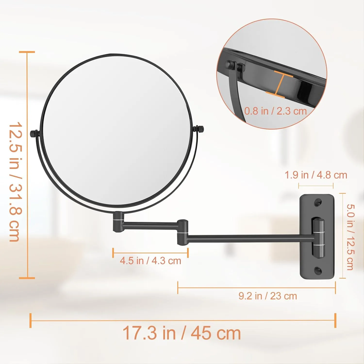 8" Wall Mounted Magnifying Makeup Mirror, 1X/10X Double-Sided Shaving Mirror, 360° Swivel Mirror Wall Mount, Extendable Vanity Mirror for Bathroom with Extension Arm, Black-No Light