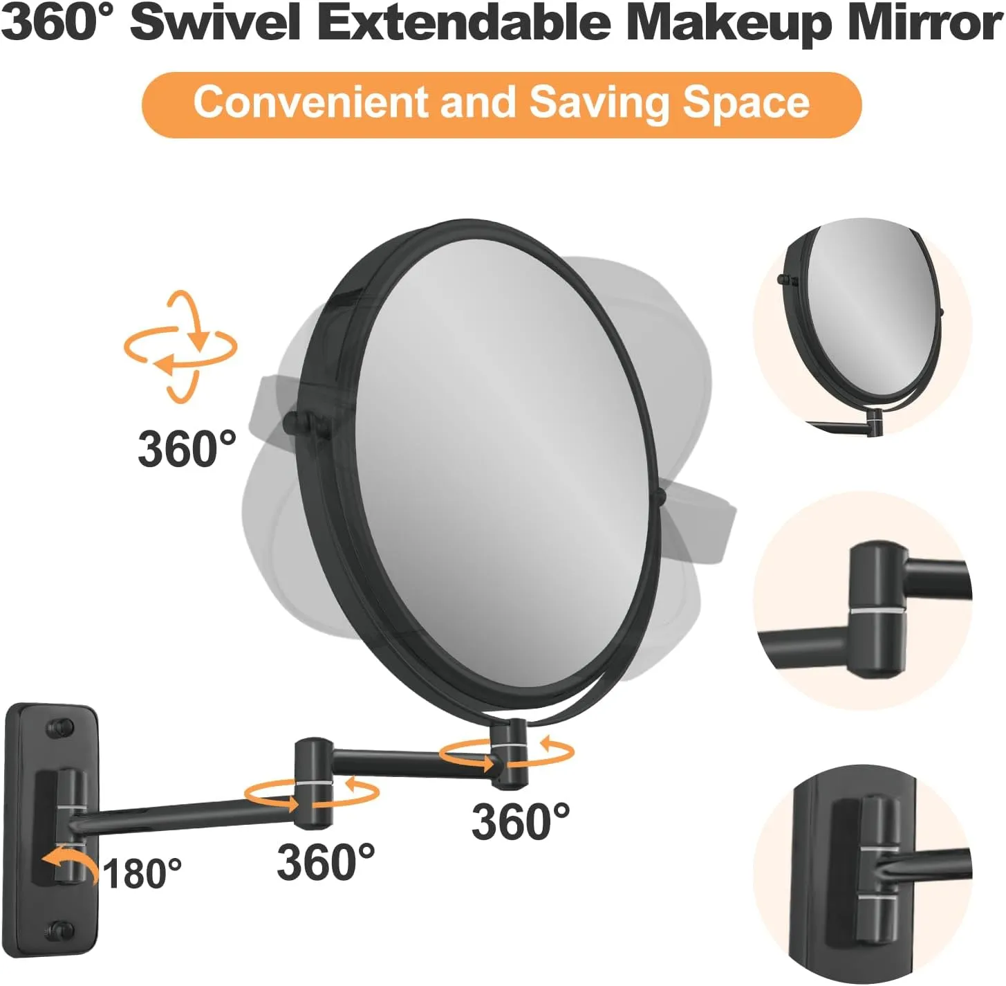 8" Wall Mounted Magnifying Makeup Mirror, 1X/10X Double-Sided Shaving Mirror, 360° Swivel Mirror Wall Mount, Extendable Vanity Mirror for Bathroom with Extension Arm, Black-No Light