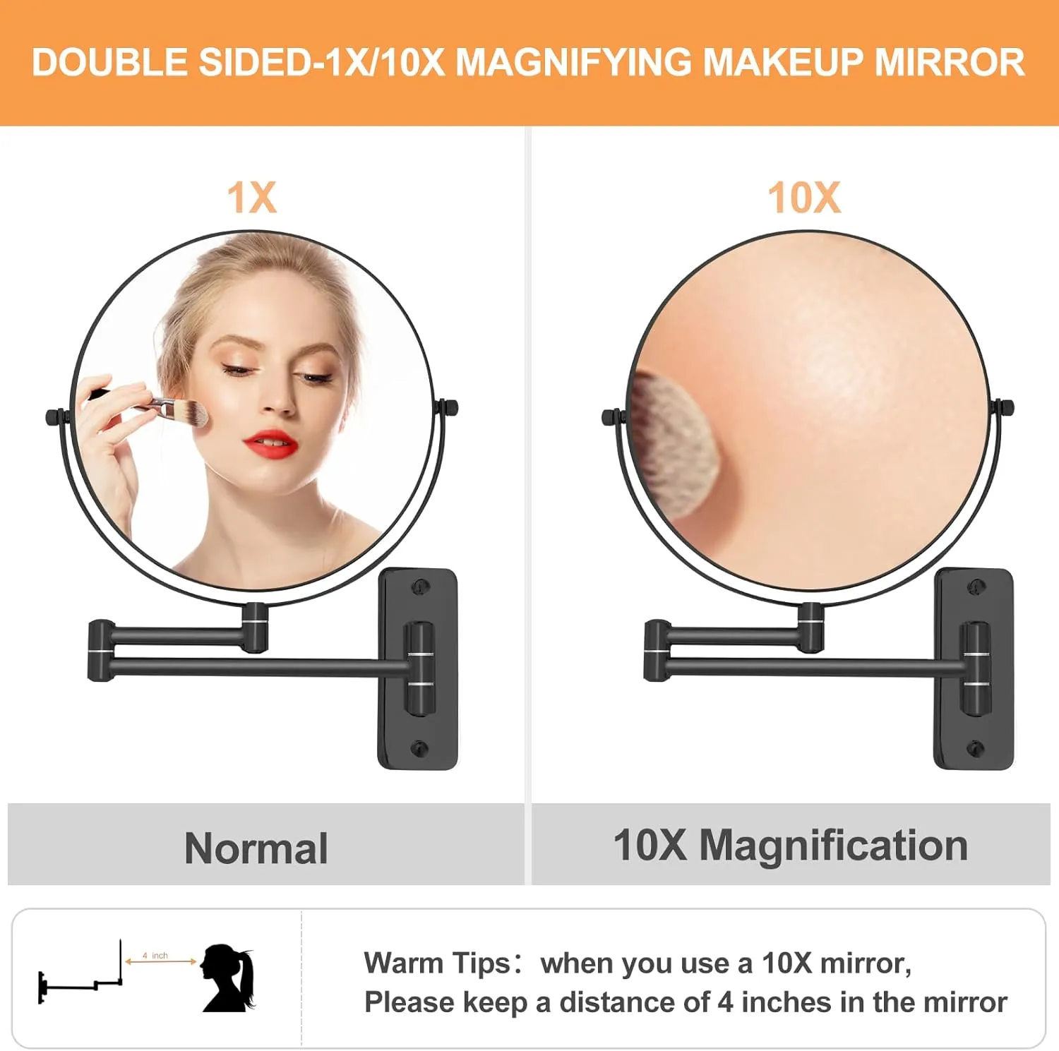 8" Wall Mounted Magnifying Makeup Mirror, 1X/10X Double-Sided Shaving Mirror, 360° Swivel Mirror Wall Mount, Extendable Vanity Mirror for Bathroom with Extension Arm, Black-No Light