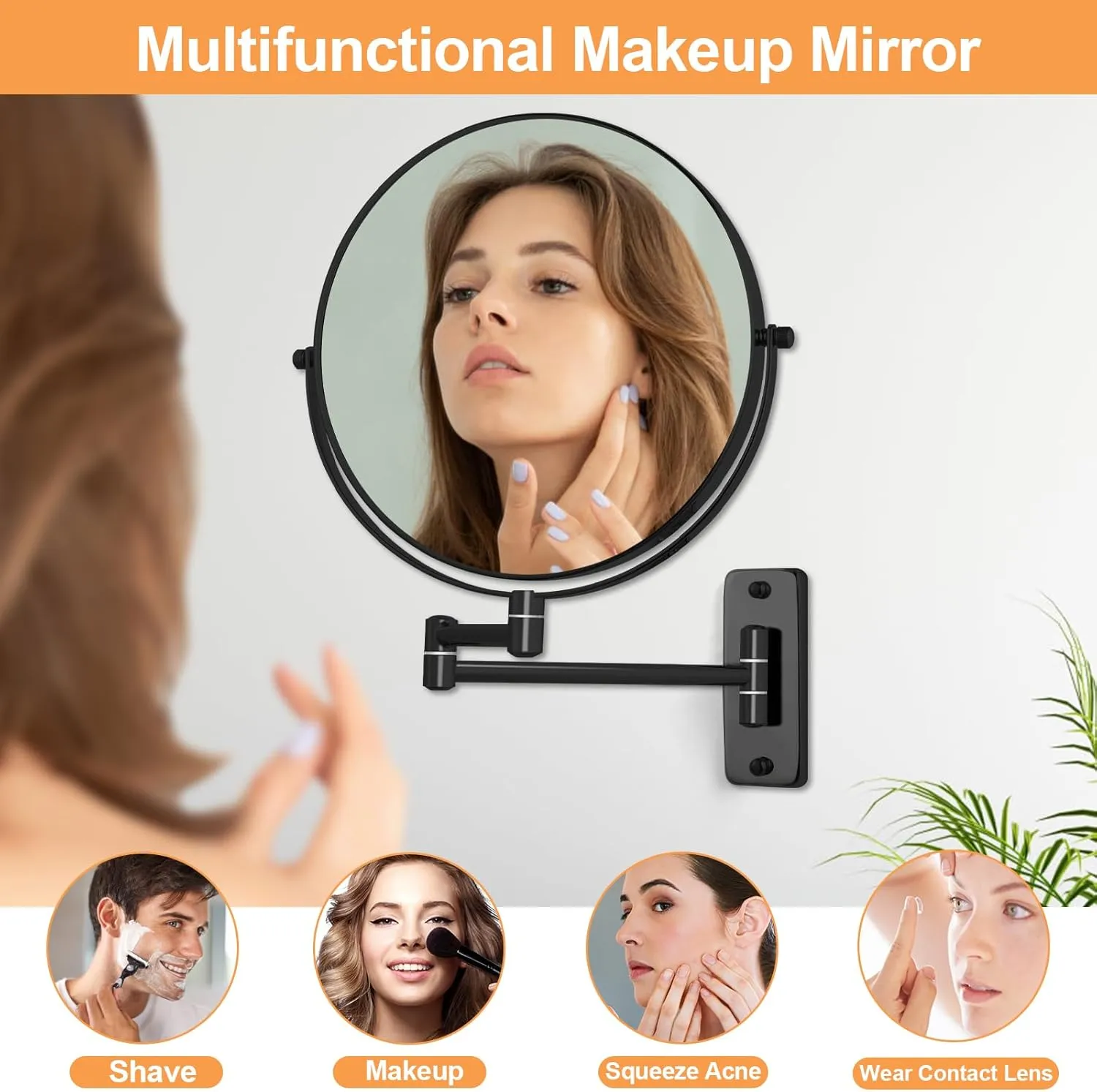 8" Wall Mounted Magnifying Makeup Mirror, 1X/10X Double-Sided Shaving Mirror, 360° Swivel Mirror Wall Mount, Extendable Vanity Mirror for Bathroom with Extension Arm, Black-No Light