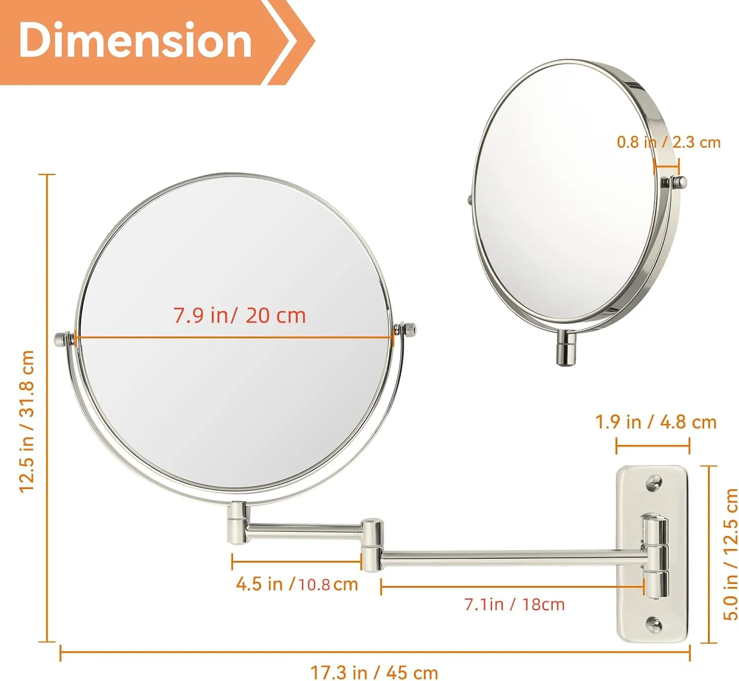 8" Wall Mounted Makeup Mirror, Extendable Bathroom Vanity Mirror with 1X/10X Magnification, 360° Swivel Shaving Mirror, Double Sided Magnifying Mirror Wall Mount, Nickel Finish (No Light)