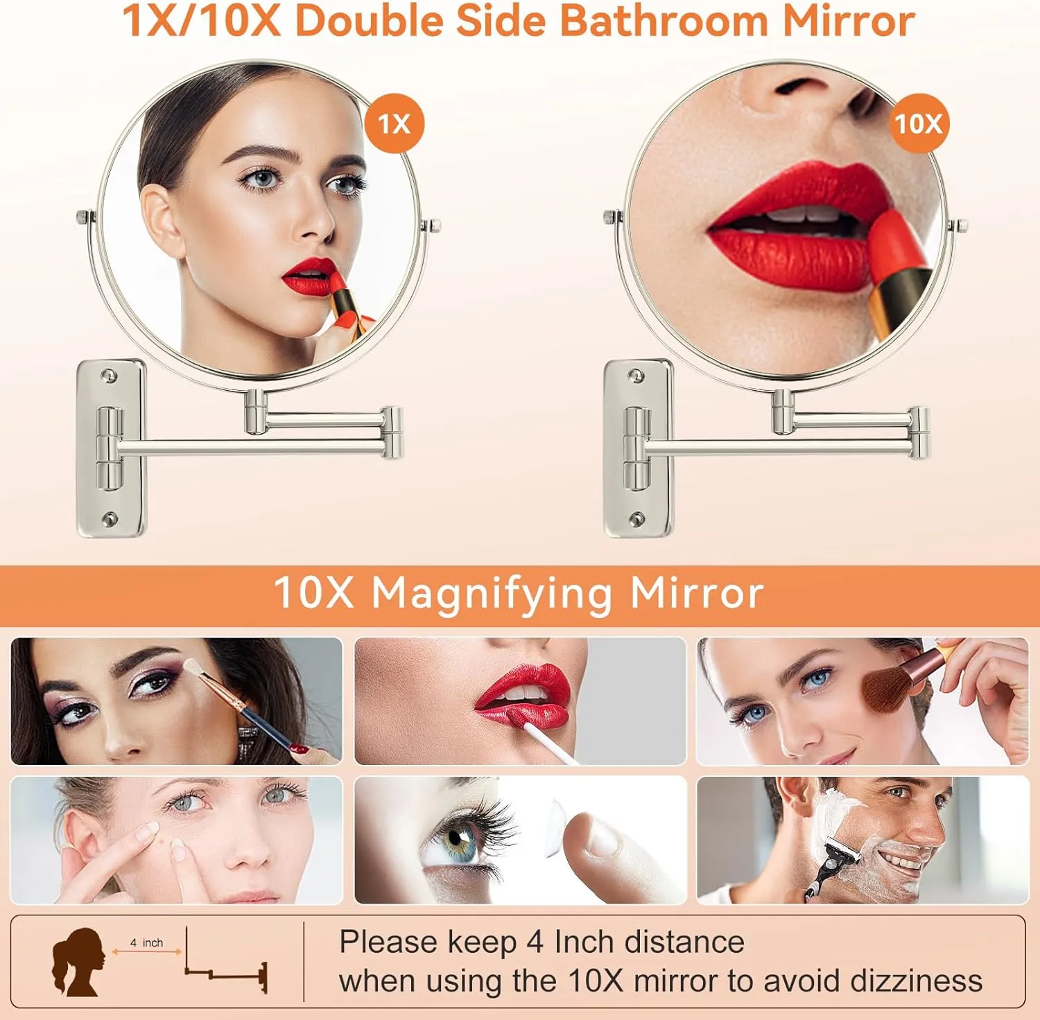 8" Wall Mounted Makeup Mirror, Extendable Bathroom Vanity Mirror with 1X/10X Magnification, 360° Swivel Shaving Mirror, Double Sided Magnifying Mirror Wall Mount, Nickel Finish (No Light)