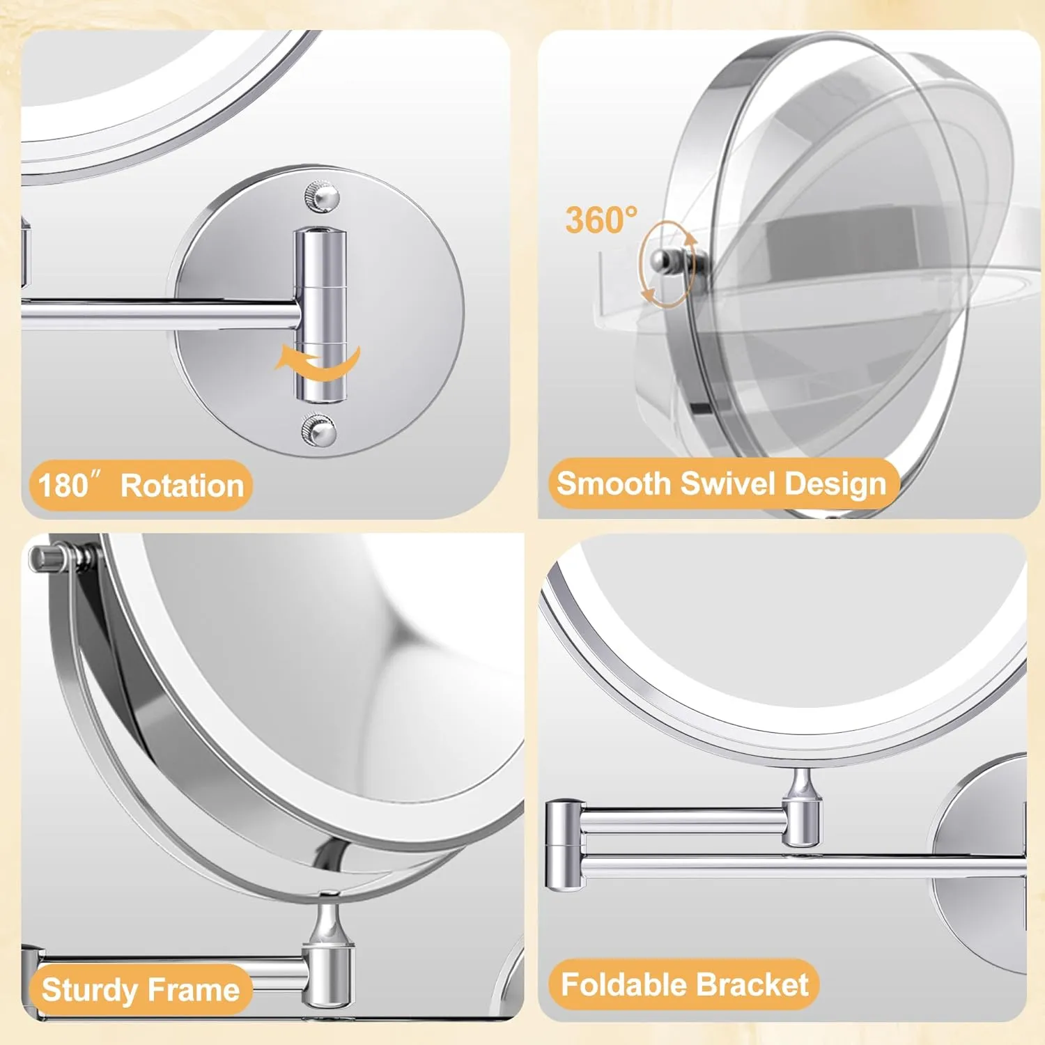 9 Inch Large Rechargeable Lighted Makeup Vanity Mirror Wall Mounted, 1X/10X Magnifying Mirror with Light for Bathroom 3000mAh USB Charging, Chrome Wall Mounted Mirror Swing Arm with 3 Light for Makeup