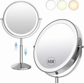 9" Large Lighted Makeup Vanity with 10X Magnification, Rechargeable Magnifying Makeup Vanity with Lights, 360° Rotating Height Adjustable with 3 Color LED
